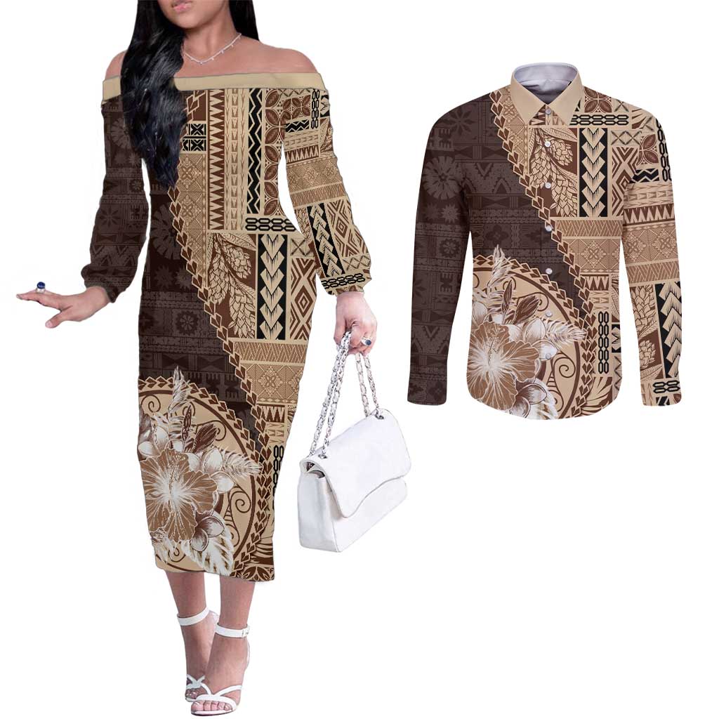 Samoa Siapo Elegant Couples Matching Off The Shoulder Long Sleeve Dress and Long Sleeve Button Shirt Hibiscus Chocolate Brown Motifs LT05 Brown - Polynesian Pride