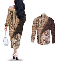 Samoa Siapo Elegant Couples Matching Off The Shoulder Long Sleeve Dress and Long Sleeve Button Shirt Hibiscus Chocolate Brown Motifs LT05 - Polynesian Pride