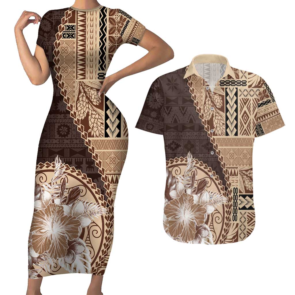 Samoa Siapo Elegant Couples Matching Short Sleeve Bodycon Dress and Hawaiian Shirt Hibiscus Chocolate Brown Motifs LT05 Brown - Polynesian Pride