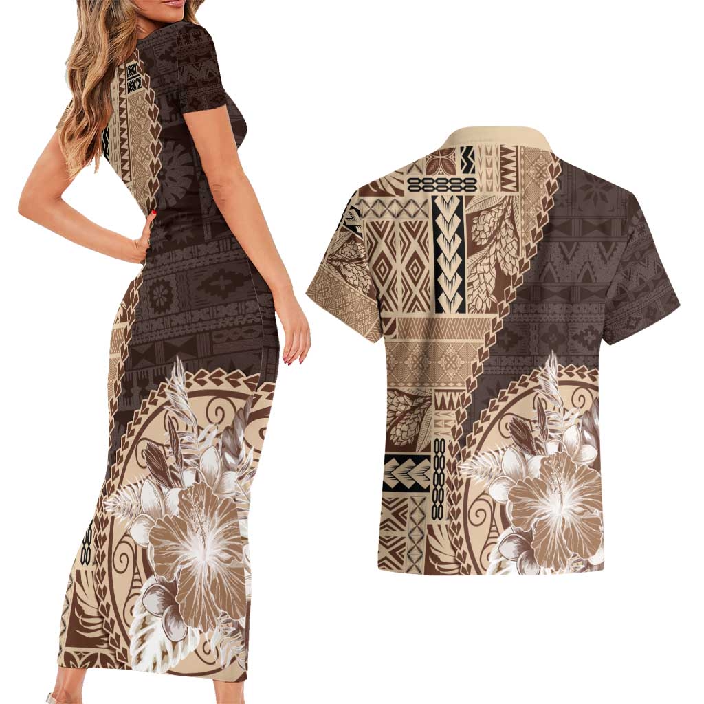 Samoa Siapo Elegant Couples Matching Short Sleeve Bodycon Dress and Hawaiian Shirt Hibiscus Chocolate Brown Motifs LT05 - Polynesian Pride