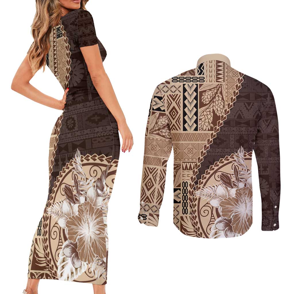 Samoa Siapo Elegant Couples Matching Short Sleeve Bodycon Dress and Long Sleeve Button Shirt Hibiscus Chocolate Brown Motifs LT05 - Polynesian Pride