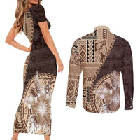 Samoa Siapo Elegant Couples Matching Short Sleeve Bodycon Dress and Long Sleeve Button Shirt Hibiscus Chocolate Brown Motifs LT05 - Polynesian Pride