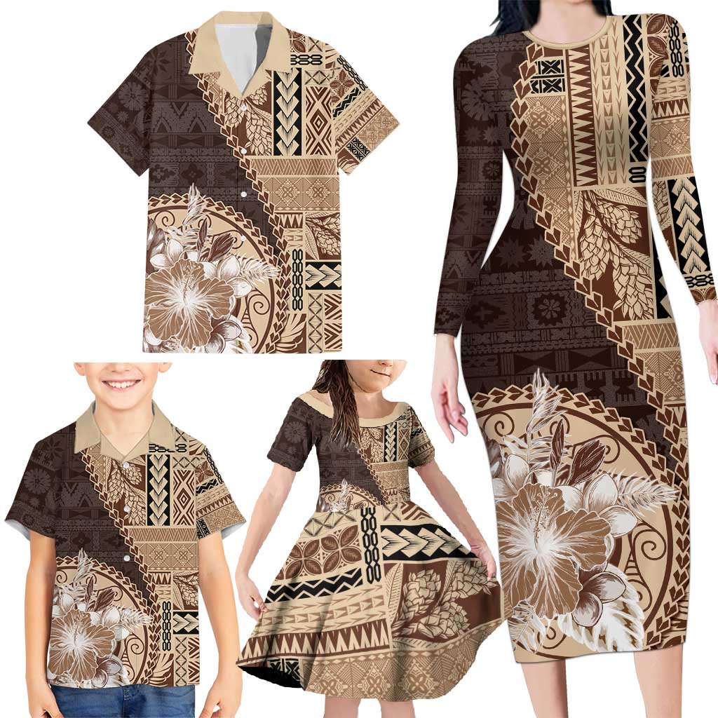 Samoa Siapo Elegant Family Matching Long Sleeve Bodycon Dress and Hawaiian Shirt Hibiscus Chocolate Brown Motifs LT05 - Polynesian Pride
