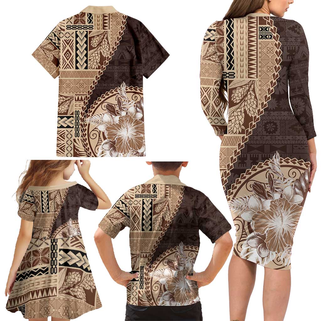 Samoa Siapo Elegant Family Matching Long Sleeve Bodycon Dress and Hawaiian Shirt Hibiscus Chocolate Brown Motifs LT05 - Polynesian Pride