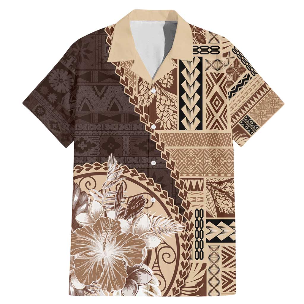 Samoa Siapo Elegant Family Matching Mermaid Dress and Hawaiian Shirt Hibiscus Chocolate Brown Motifs LT05 Dad's Shirt - Short Sleeve Brown - Polynesian Pride