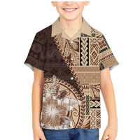 Samoa Siapo Elegant Family Matching Mermaid Dress and Hawaiian Shirt Hibiscus Chocolate Brown Motifs LT05 Son's Shirt Brown - Polynesian Pride