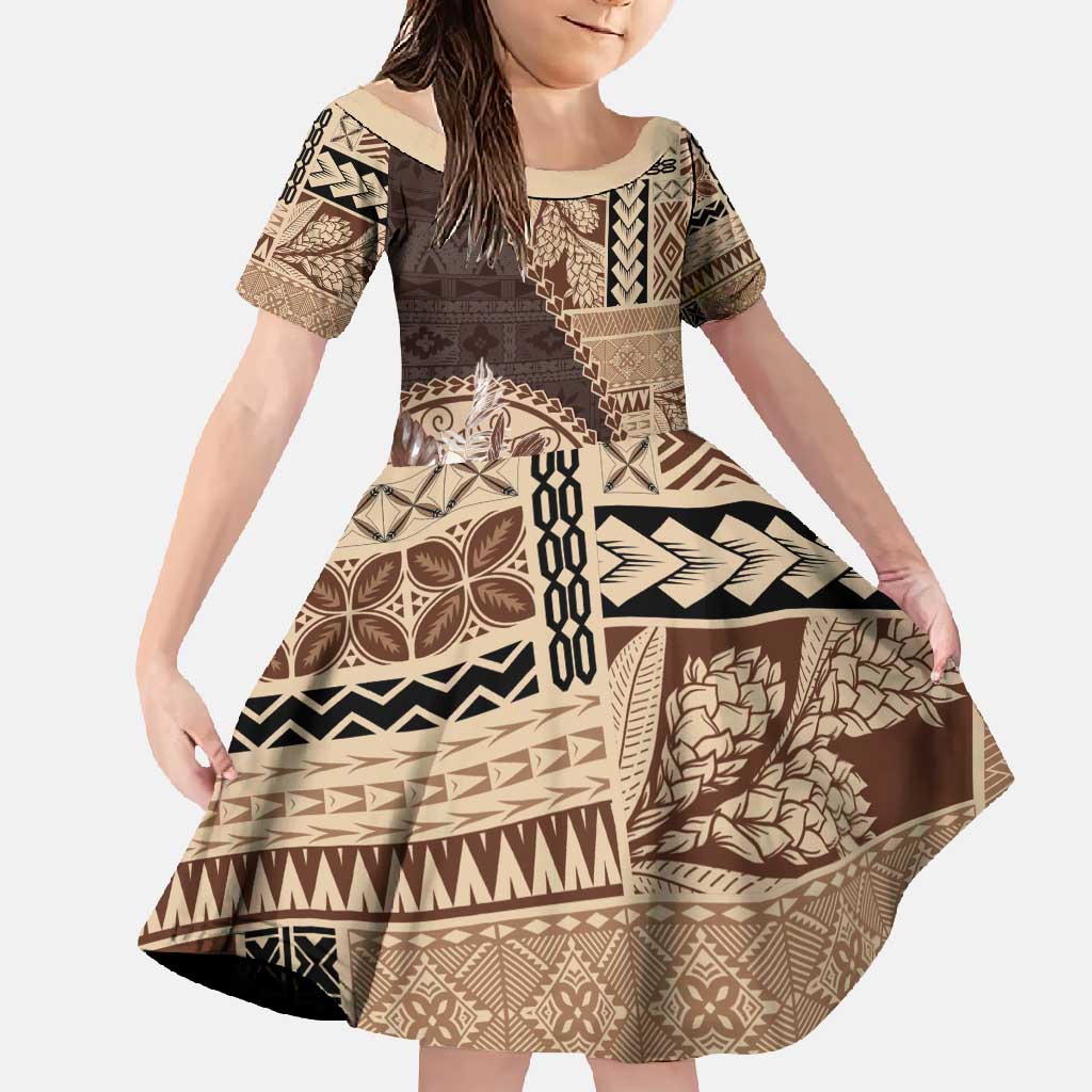 Samoa Siapo Elegant Family Matching Off Shoulder Maxi Dress and Hawaiian Shirt Hibiscus Chocolate Brown Motifs LT05 Daughter's Dress Brown - Polynesian Pride