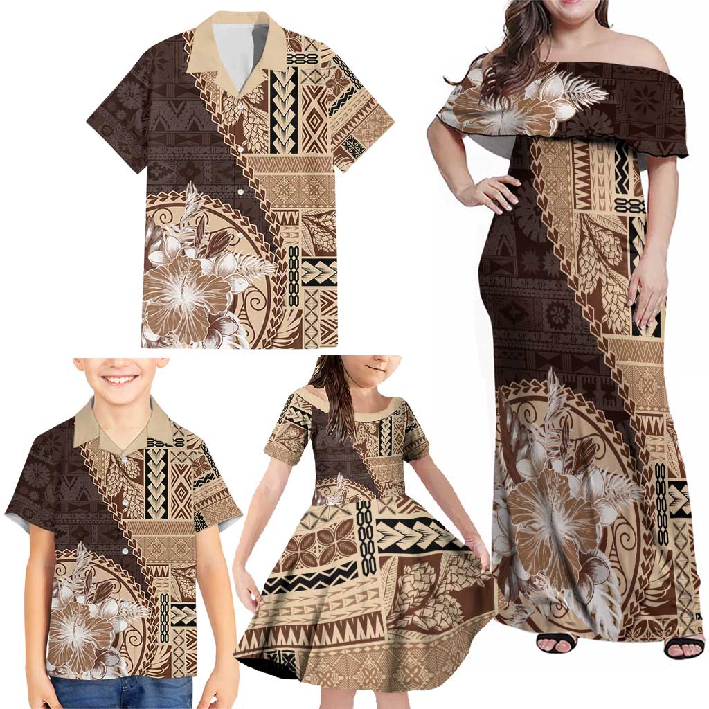 Samoa Siapo Elegant Family Matching Off Shoulder Maxi Dress and Hawaiian Shirt Hibiscus Chocolate Brown Motifs LT05 - Polynesian Pride