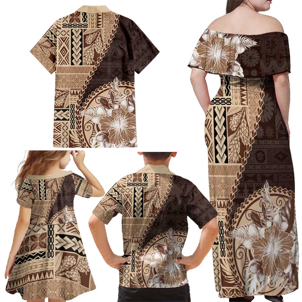 Samoa Siapo Elegant Family Matching Off Shoulder Maxi Dress and Hawaiian Shirt Hibiscus Chocolate Brown Motifs LT05 - Polynesian Pride