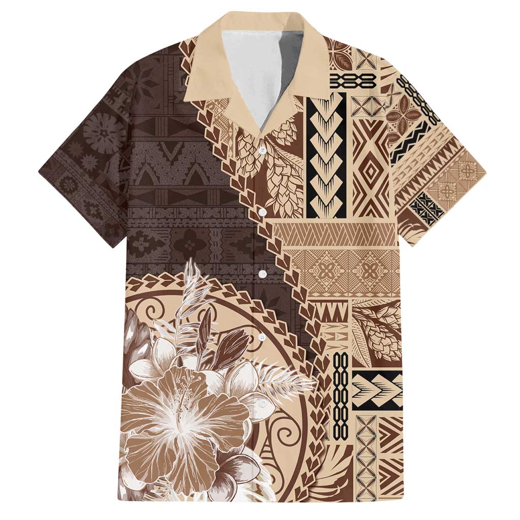 Samoa Siapo Elegant Family Matching Off Shoulder Maxi Dress and Hawaiian Shirt Hibiscus Chocolate Brown Motifs LT05 Dad's Shirt - Short Sleeve Brown - Polynesian Pride