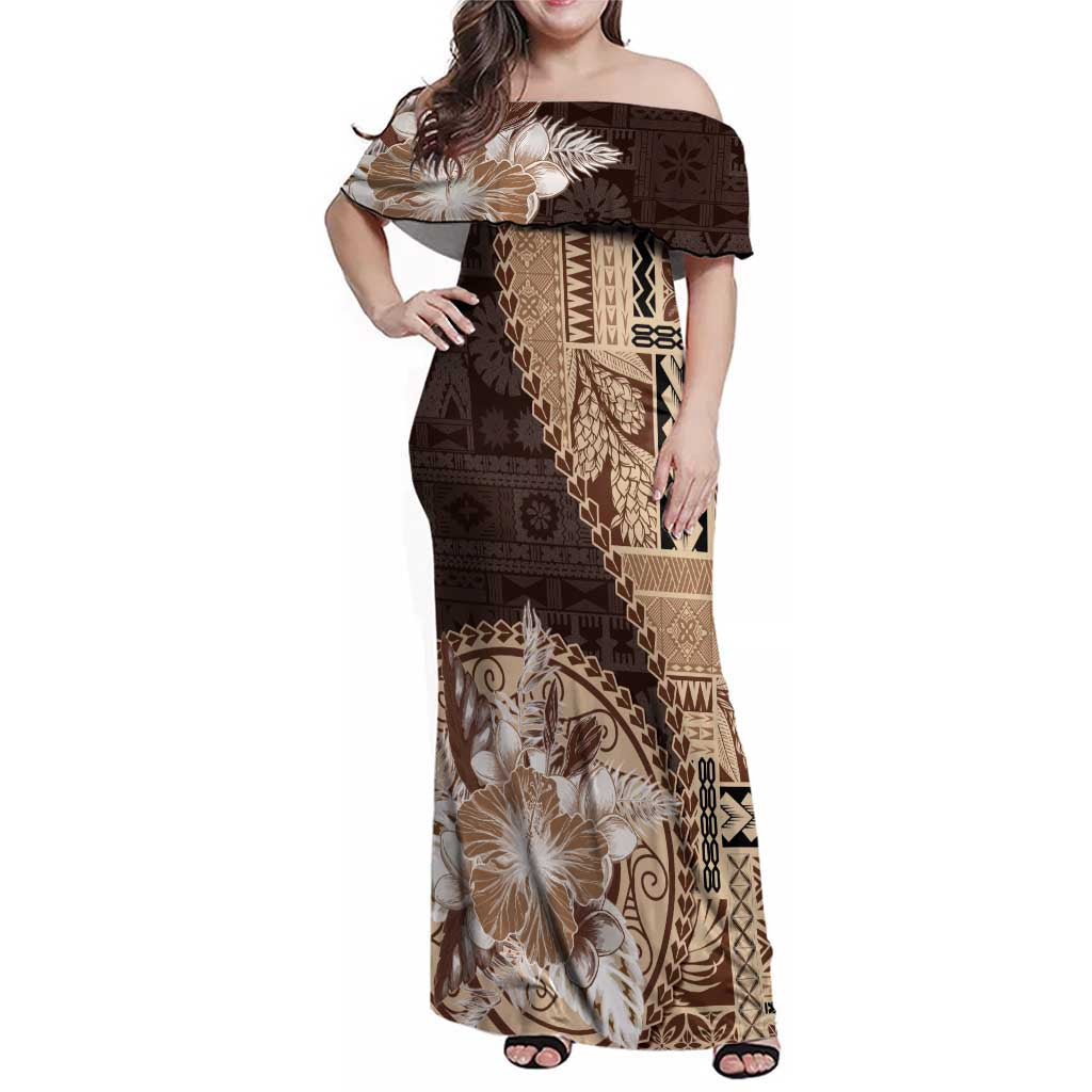 Samoa Siapo Elegant Family Matching Off Shoulder Maxi Dress and Hawaiian Shirt Hibiscus Chocolate Brown Motifs LT05 Mom's Dress Brown - Polynesian Pride
