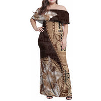 Samoa Siapo Elegant Family Matching Off Shoulder Maxi Dress and Hawaiian Shirt Hibiscus Chocolate Brown Motifs LT05 Mom's Dress Brown - Polynesian Pride