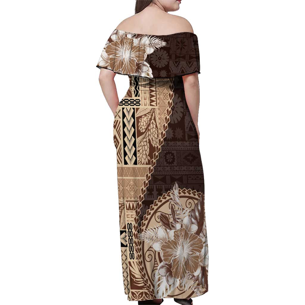Samoa Siapo Elegant Family Matching Off Shoulder Maxi Dress and Hawaiian Shirt Hibiscus Chocolate Brown Motifs LT05 - Polynesian Pride