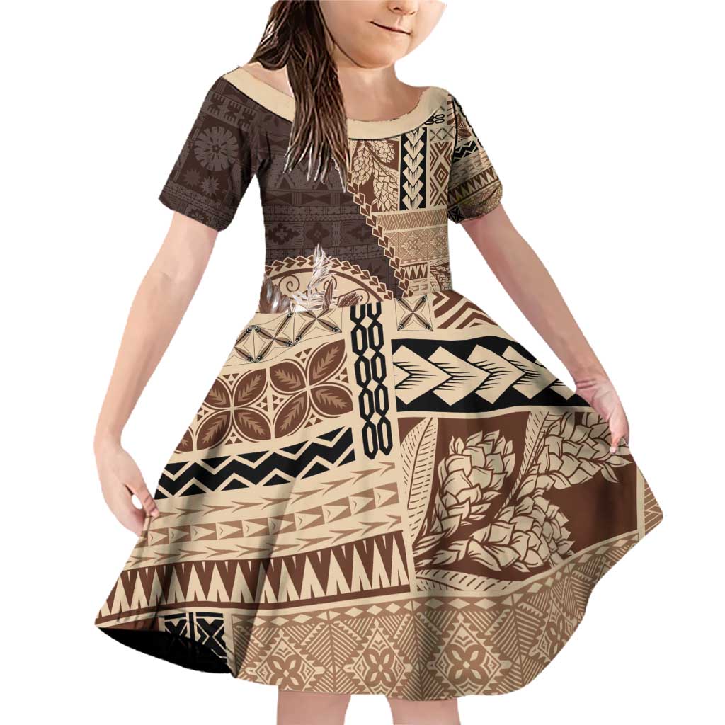 Samoa Siapo Elegant Family Matching Off Shoulder Short Dress and Hawaiian Shirt Hibiscus Chocolate Brown Motifs LT05 Daughter's Dress Brown - Polynesian Pride