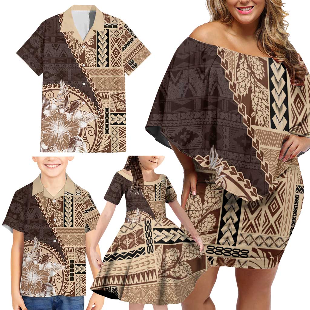 Samoa Siapo Elegant Family Matching Off Shoulder Short Dress and Hawaiian Shirt Hibiscus Chocolate Brown Motifs LT05 - Polynesian Pride