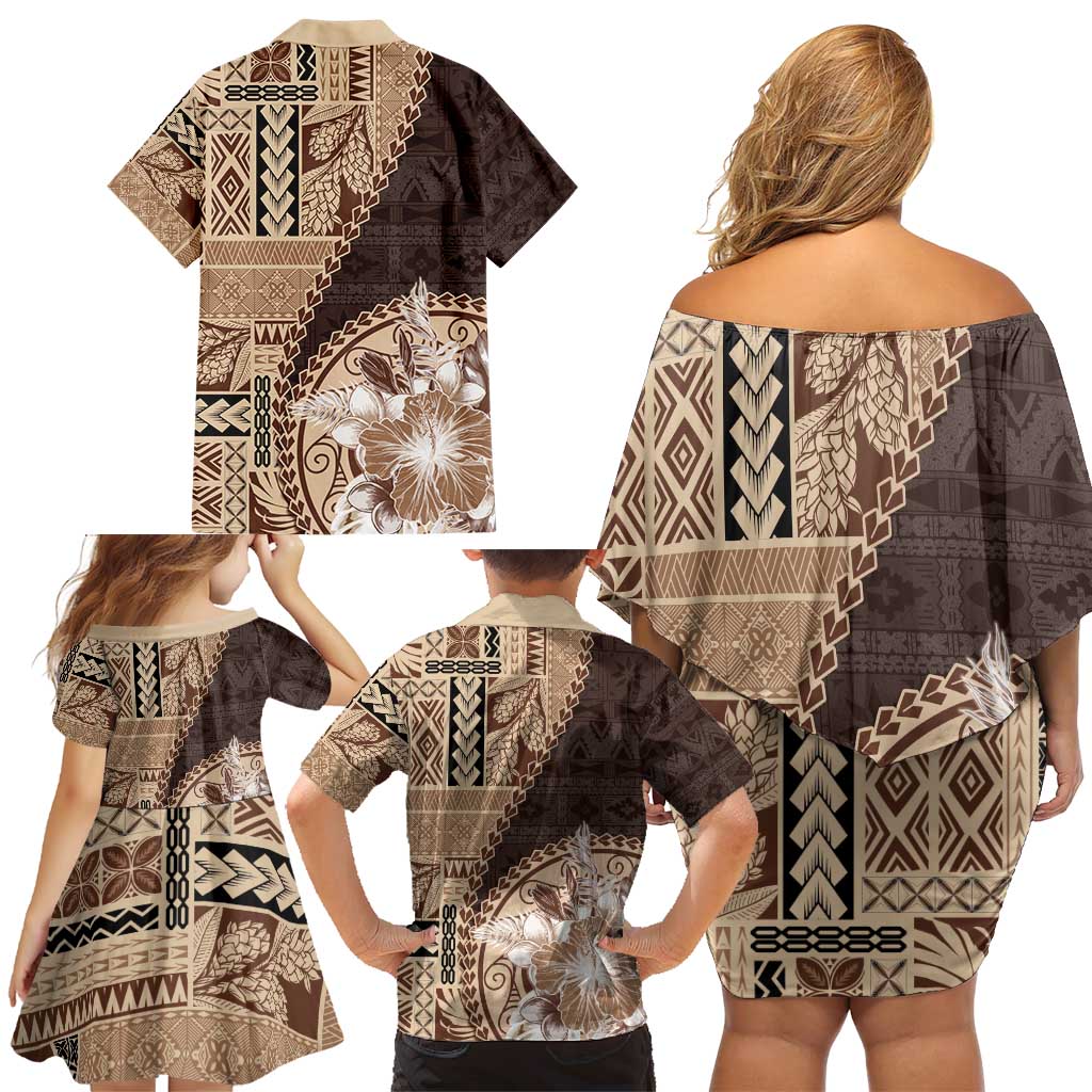Samoa Siapo Elegant Family Matching Off Shoulder Short Dress and Hawaiian Shirt Hibiscus Chocolate Brown Motifs LT05 - Polynesian Pride