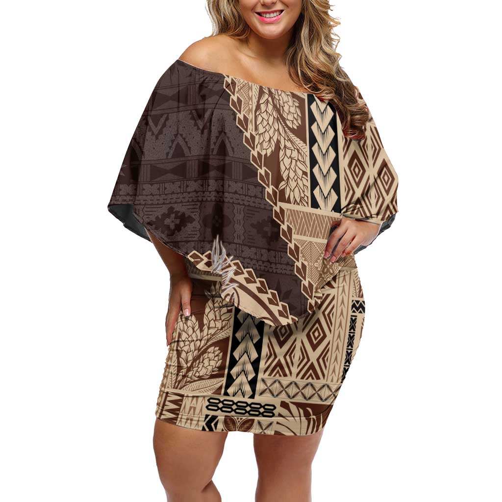 Samoa Siapo Elegant Family Matching Off Shoulder Short Dress and Hawaiian Shirt Hibiscus Chocolate Brown Motifs LT05 Mom's Dress Brown - Polynesian Pride