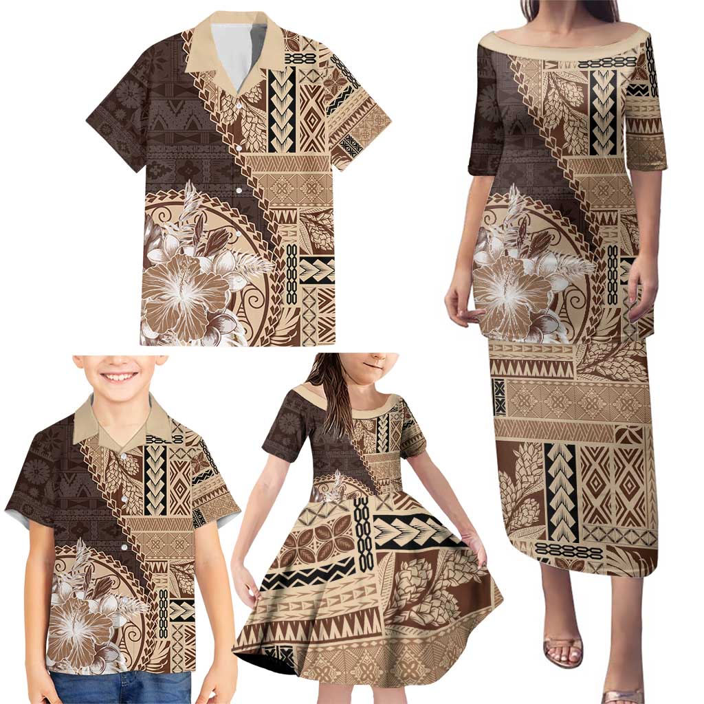 Samoa Siapo Elegant Family Matching Puletasi and Hawaiian Shirt Hibiscus Chocolate Brown Motifs LT05 - Polynesian Pride