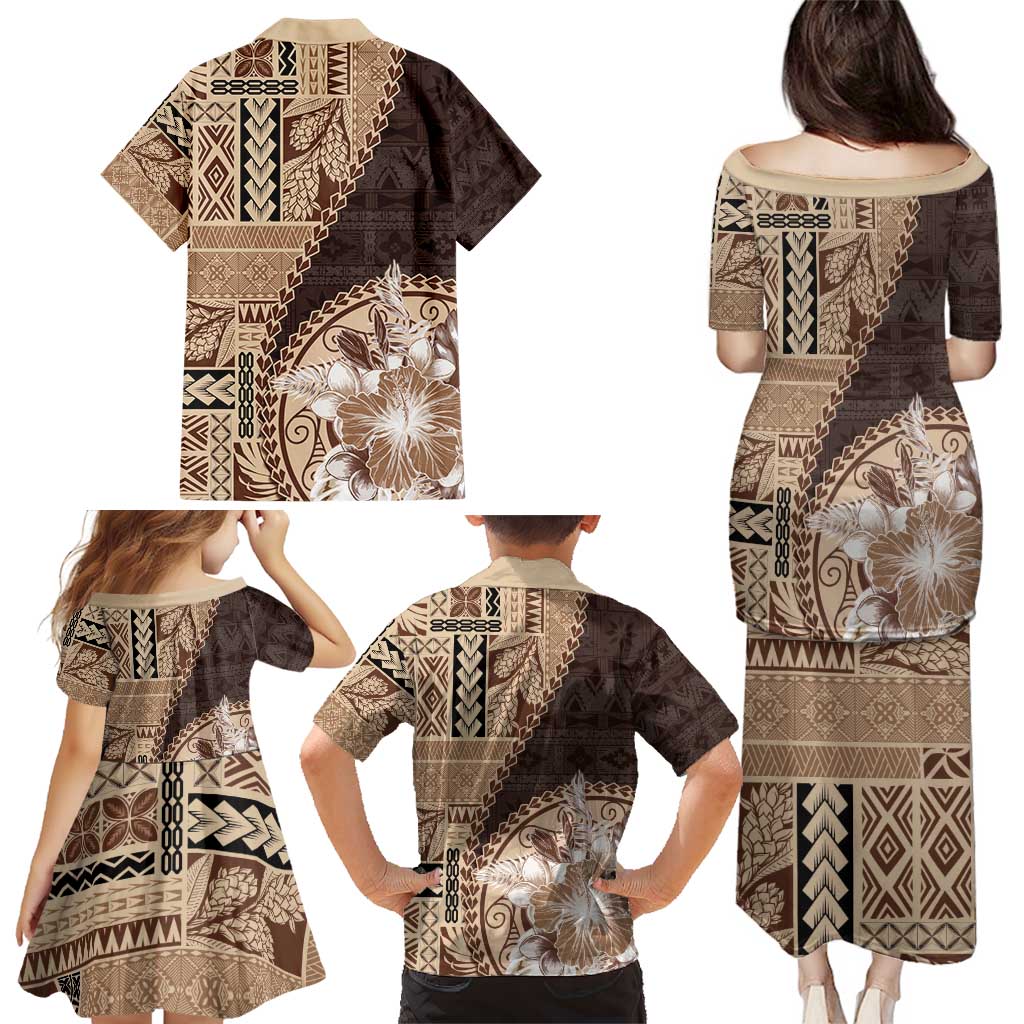 Samoa Siapo Elegant Family Matching Puletasi and Hawaiian Shirt Hibiscus Chocolate Brown Motifs LT05 - Polynesian Pride