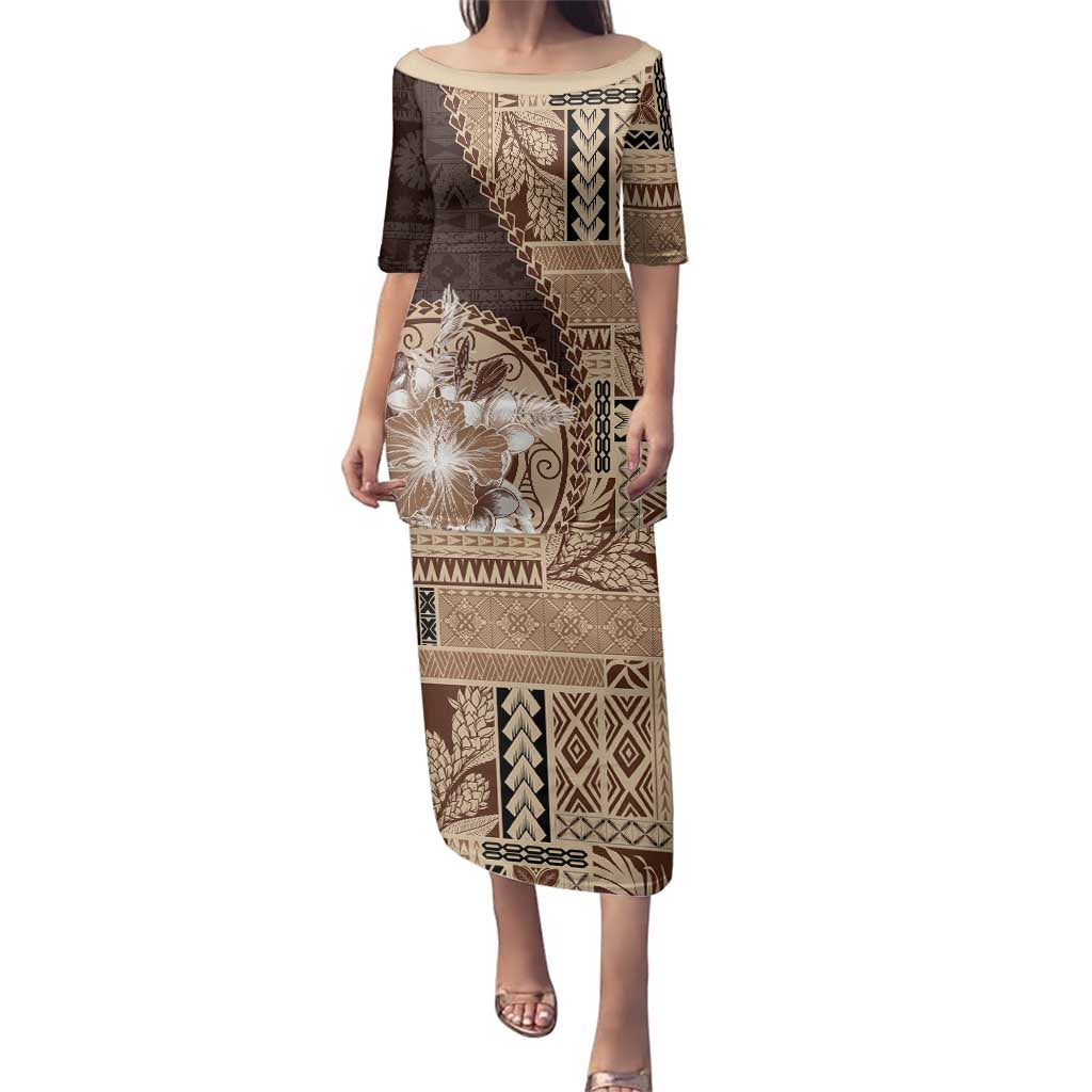 Samoa Siapo Elegant Family Matching Puletasi and Hawaiian Shirt Hibiscus Chocolate Brown Motifs LT05 Mom's Dress Brown - Polynesian Pride