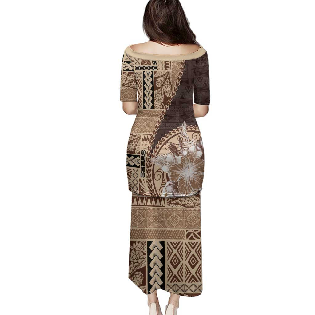 Samoa Siapo Elegant Family Matching Puletasi and Hawaiian Shirt Hibiscus Chocolate Brown Motifs LT05 - Polynesian Pride