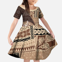 Samoa Siapo Elegant Family Matching Short Sleeve Bodycon Dress and Hawaiian Shirt Hibiscus Chocolate Brown Motifs LT05 Daughter's Dress Brown - Polynesian Pride