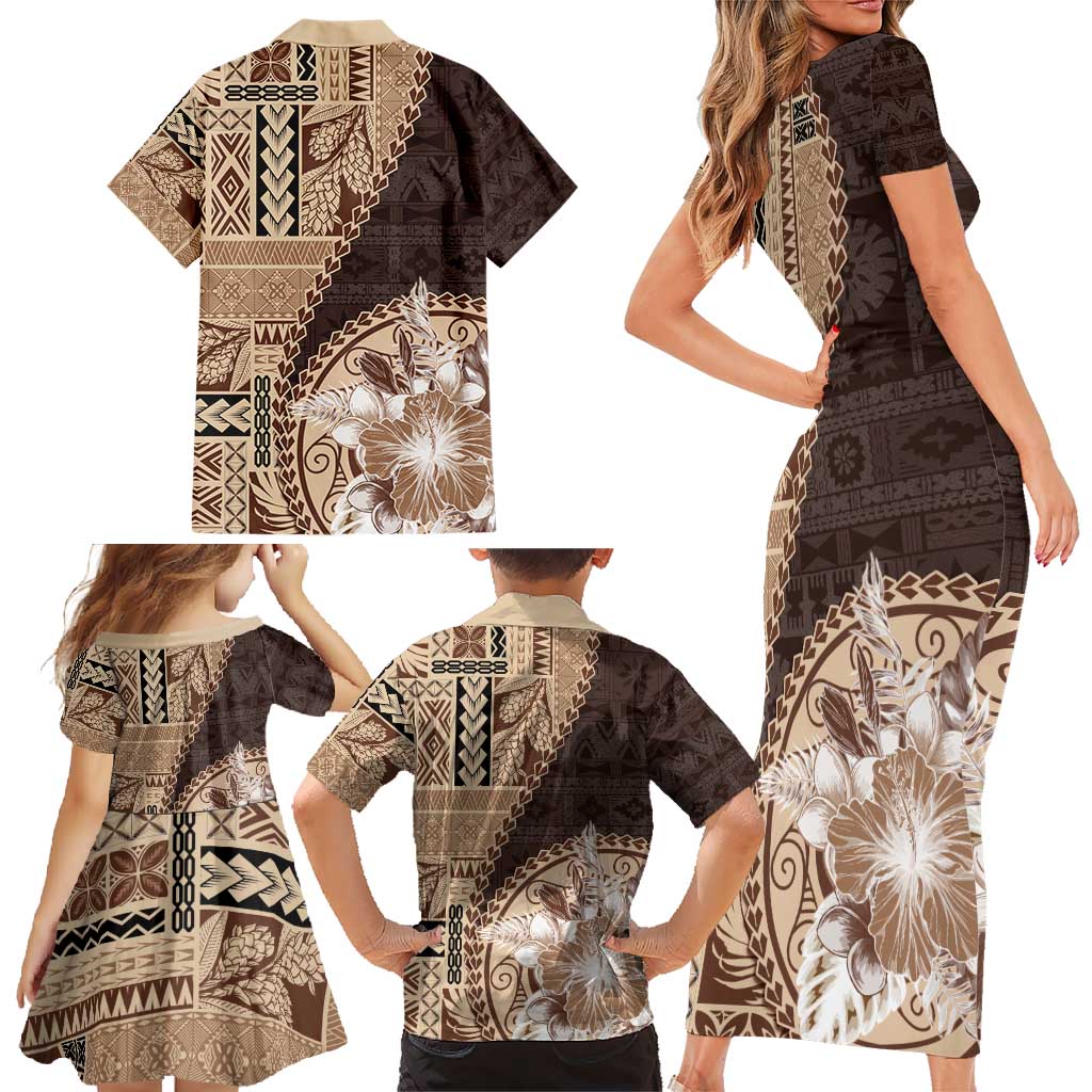 Samoa Siapo Elegant Family Matching Short Sleeve Bodycon Dress and Hawaiian Shirt Hibiscus Chocolate Brown Motifs LT05 - Polynesian Pride