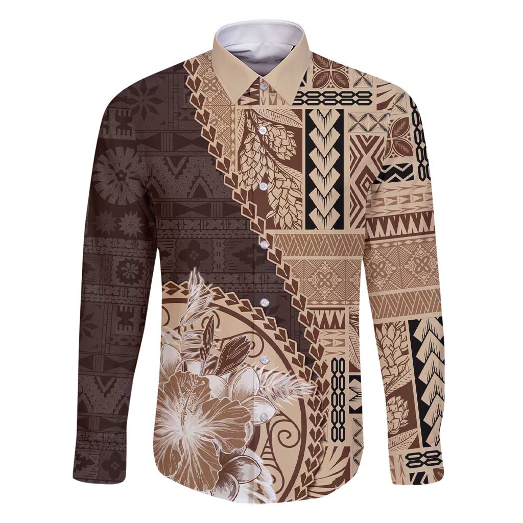 Samoa Siapo Elegant Family Matching Short Sleeve Bodycon Dress and Hawaiian Shirt Hibiscus Chocolate Brown Motifs LT05 Dad's Shirt - Long Sleeve Brown - Polynesian Pride