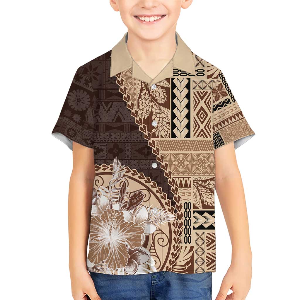 Samoa Siapo Elegant Family Matching Short Sleeve Bodycon Dress and Hawaiian Shirt Hibiscus Chocolate Brown Motifs LT05 Son's Shirt Brown - Polynesian Pride