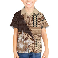 Samoa Siapo Elegant Family Matching Short Sleeve Bodycon Dress and Hawaiian Shirt Hibiscus Chocolate Brown Motifs LT05 Son's Shirt Brown - Polynesian Pride