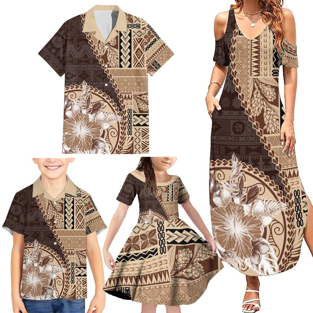 Samoa Siapo Elegant Family Matching Summer Maxi Dress and Hawaiian Shirt Hibiscus Chocolate Brown Motifs LT05 - Polynesian Pride