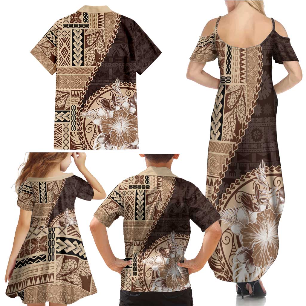 Samoa Siapo Elegant Family Matching Summer Maxi Dress and Hawaiian Shirt Hibiscus Chocolate Brown Motifs LT05 - Polynesian Pride