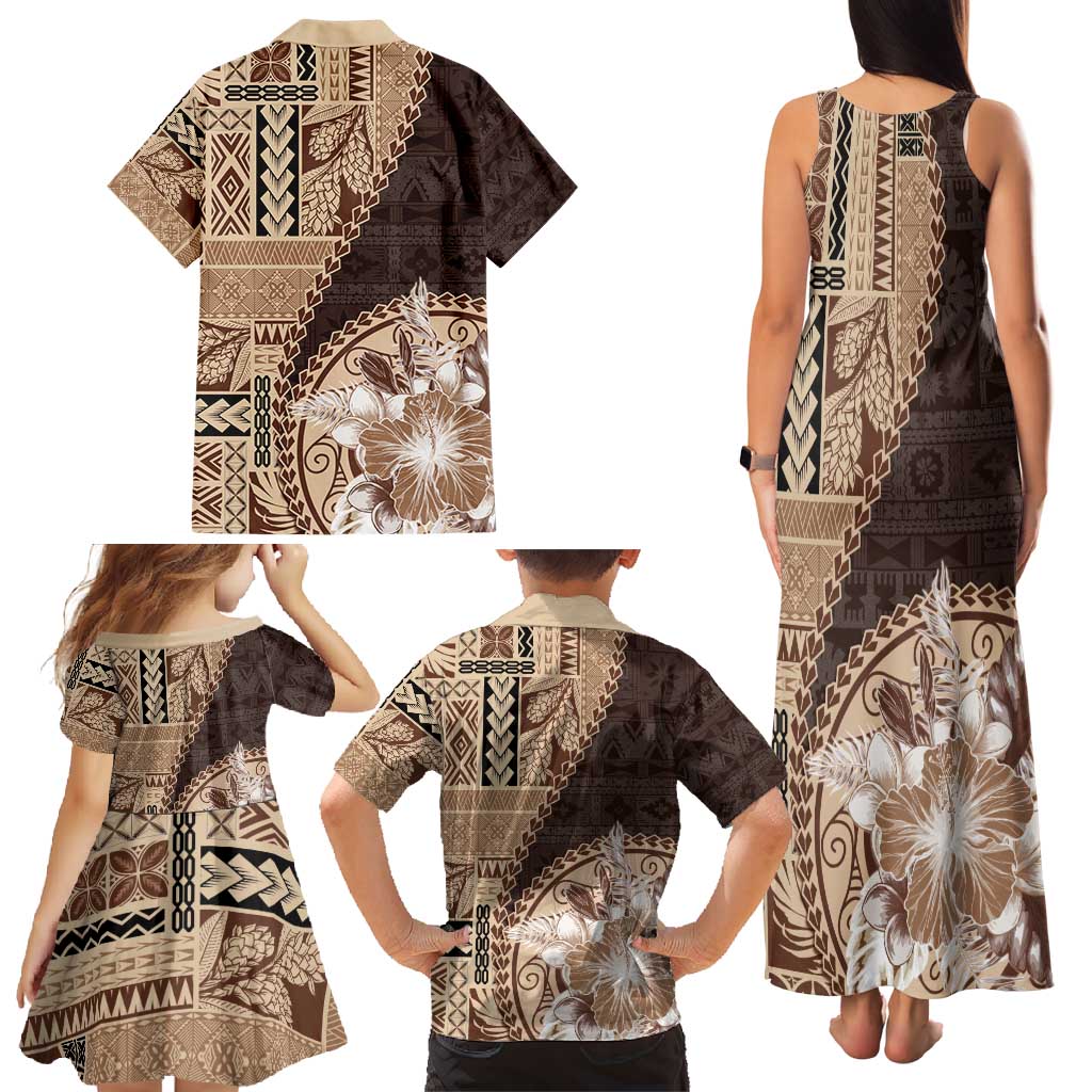 Samoa Siapo Elegant Family Matching Tank Maxi Dress and Hawaiian Shirt Hibiscus Chocolate Brown Motifs LT05 - Polynesian Pride