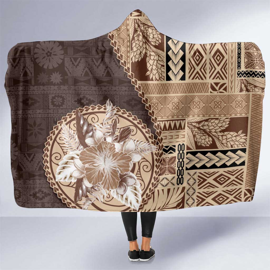 Samoa Siapo Elegant Hooded Blanket Hibiscus Chocolate Brown Motifs LT05 One Size Brown - Polynesian Pride