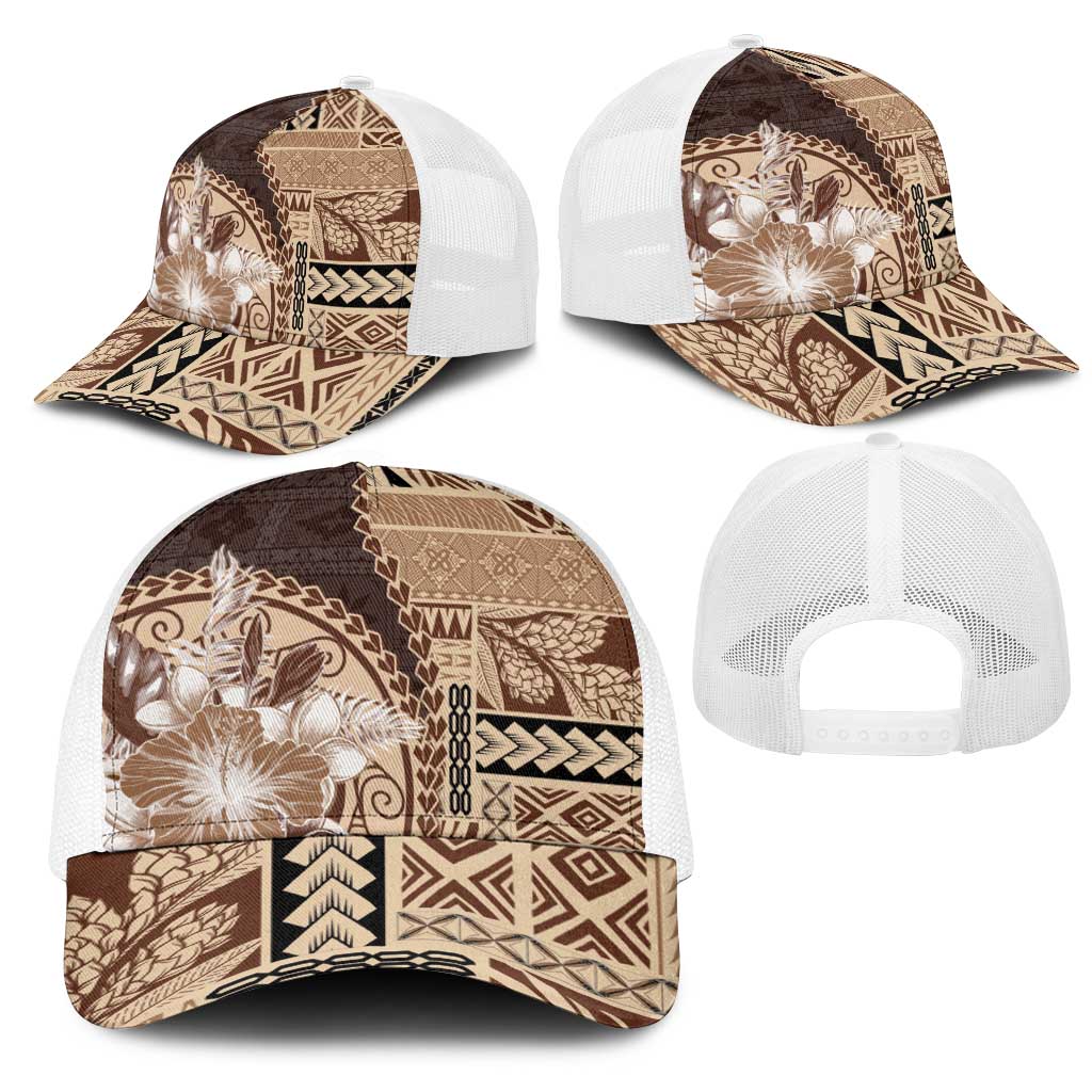 Samoa Siapo Elegant Mesh Trucker Cap Hibiscus Chocolate Brown Motifs - Polynesian Pride