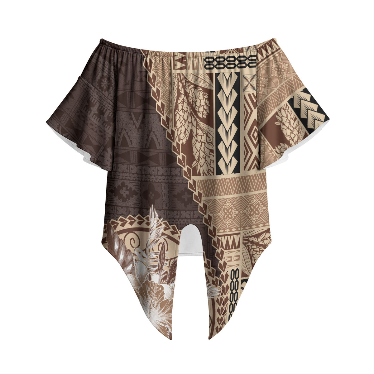 Samoa Siapo Elegant Off Shoulder Wrap Waist Top Hibiscus Chocolate Brown Motifs LT05 Brown - Polynesian Pride