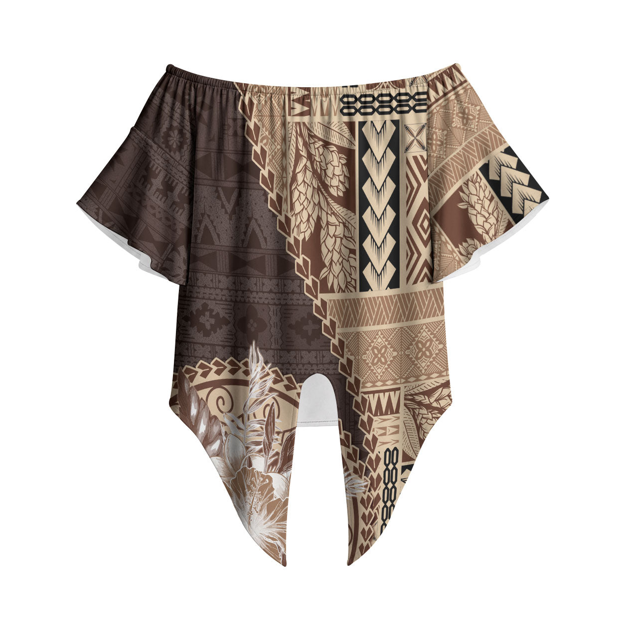 Samoa Siapo Elegant Off Shoulder Wrap Waist Top Hibiscus Chocolate Brown Motifs LT05 Brown - Polynesian Pride