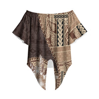 Samoa Siapo Elegant Off Shoulder Wrap Waist Top Hibiscus Chocolate Brown Motifs LT05 Brown - Polynesian Pride