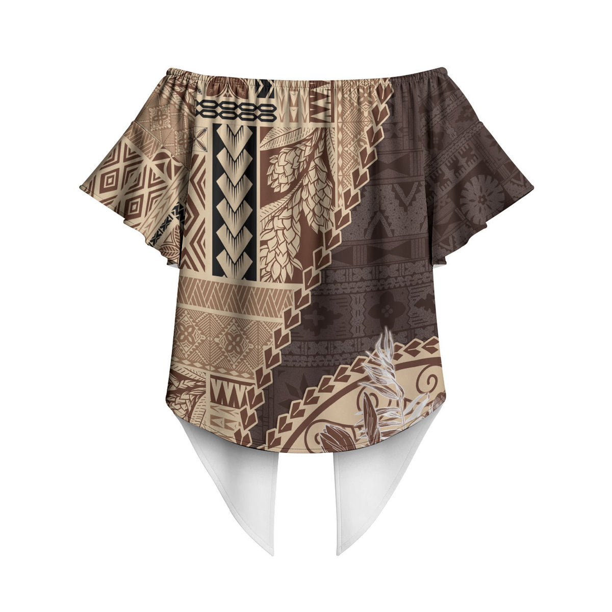 Samoa Siapo Elegant Off Shoulder Wrap Waist Top Hibiscus Chocolate Brown Motifs LT05 - Polynesian Pride