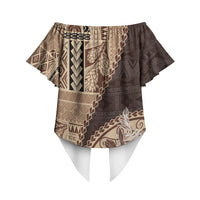 Samoa Siapo Elegant Off Shoulder Wrap Waist Top Hibiscus Chocolate Brown Motifs LT05 - Polynesian Pride