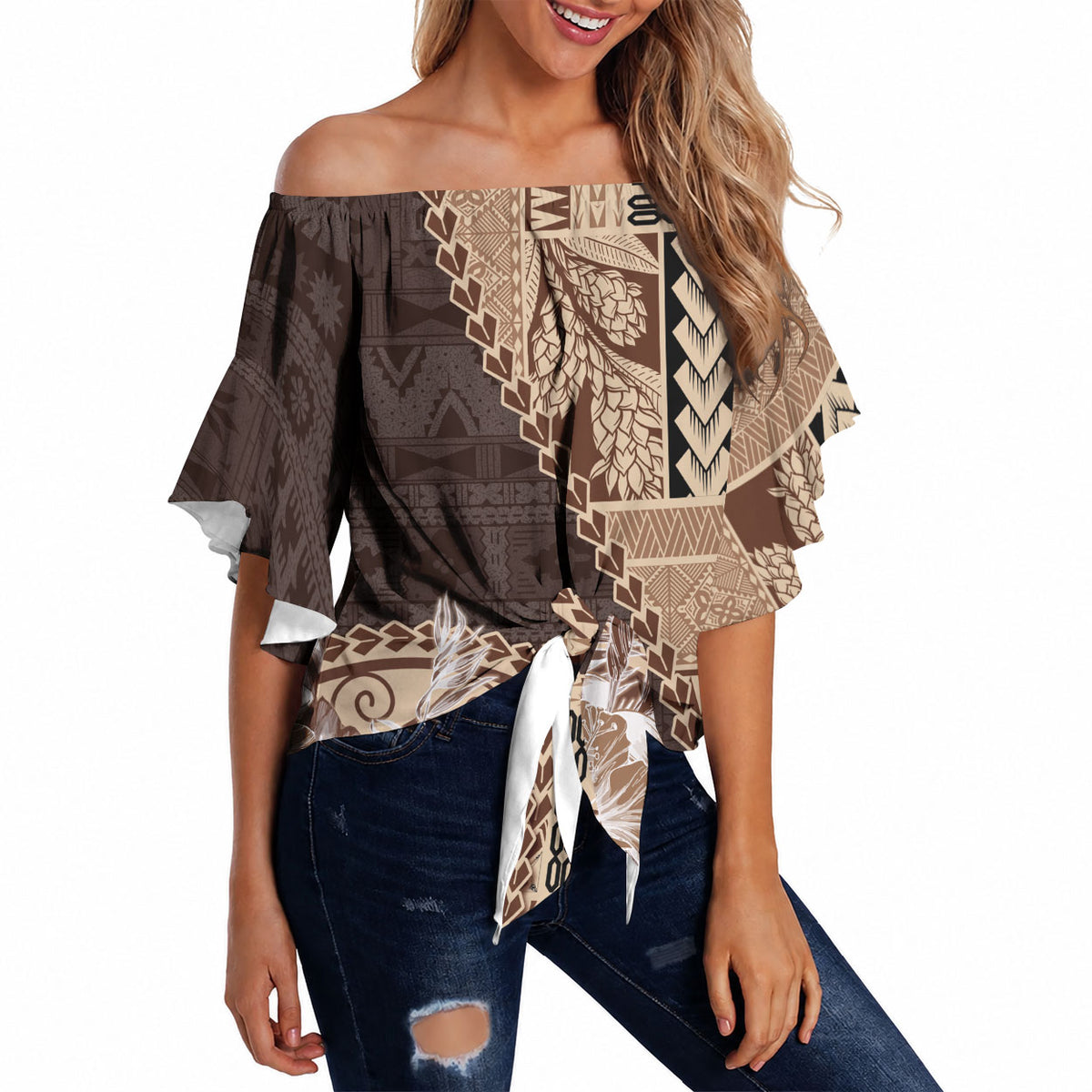 Samoa Siapo Elegant Off Shoulder Wrap Waist Top Hibiscus Chocolate Brown Motifs LT05 - Polynesian Pride