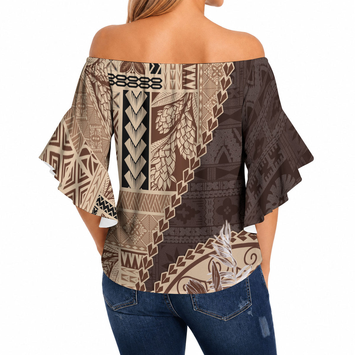 Samoa Siapo Elegant Off Shoulder Wrap Waist Top Hibiscus Chocolate Brown Motifs LT05 - Polynesian Pride