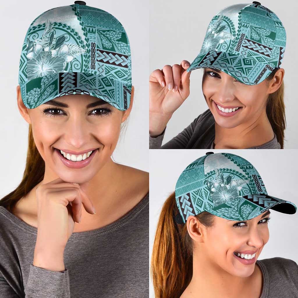 Samoa Siapo Elegant Classic Cap Hibiscus Teal Motifs - Polynesian Pride