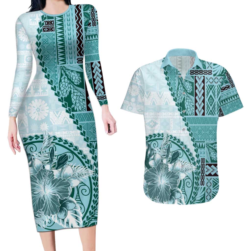 Samoa Siapo Elegant Couples Matching Long Sleeve Bodycon Dress and Hawaiian Shirt Hibiscus Teal Motifs LT05 Teal - Polynesian Pride