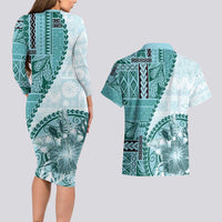 Samoa Siapo Elegant Couples Matching Long Sleeve Bodycon Dress and Hawaiian Shirt Hibiscus Teal Motifs LT05 - Polynesian Pride