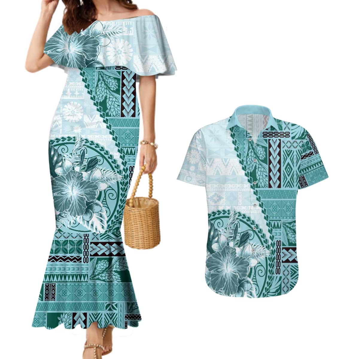 Samoa Siapo Elegant Couples Matching Mermaid Dress and Hawaiian Shirt Hibiscus Teal Motifs LT05 Teal - Polynesian Pride