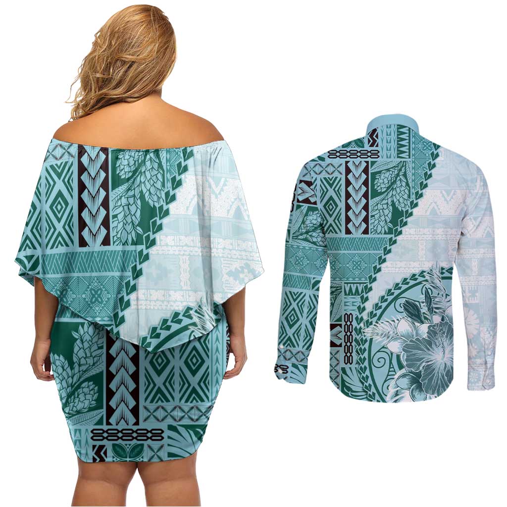 Samoa Siapo Elegant Couples Matching Off Shoulder Short Dress and Long Sleeve Button Shirt Hibiscus Teal Motifs - Polynesian Pride