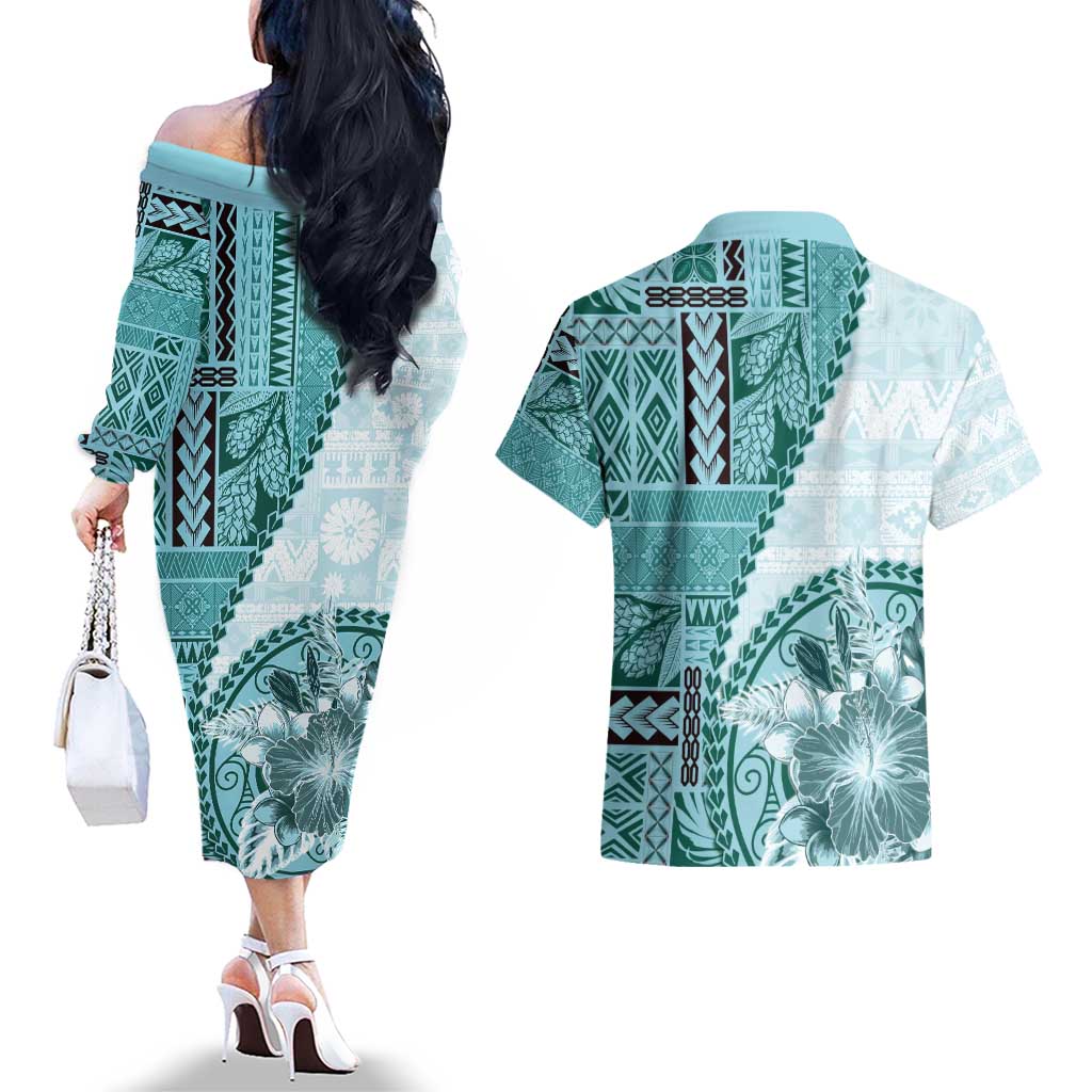 Samoa Siapo Elegant Couples Matching Off The Shoulder Long Sleeve Dress and Hawaiian Shirt Hibiscus Teal Motifs LT05 - Polynesian Pride
