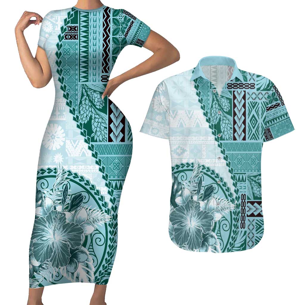 Samoa Siapo Elegant Couples Matching Short Sleeve Bodycon Dress and Hawaiian Shirt Hibiscus Teal Motifs LT05 Teal - Polynesian Pride