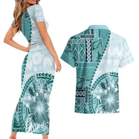 Samoa Siapo Elegant Couples Matching Short Sleeve Bodycon Dress and Hawaiian Shirt Hibiscus Teal Motifs LT05 - Polynesian Pride